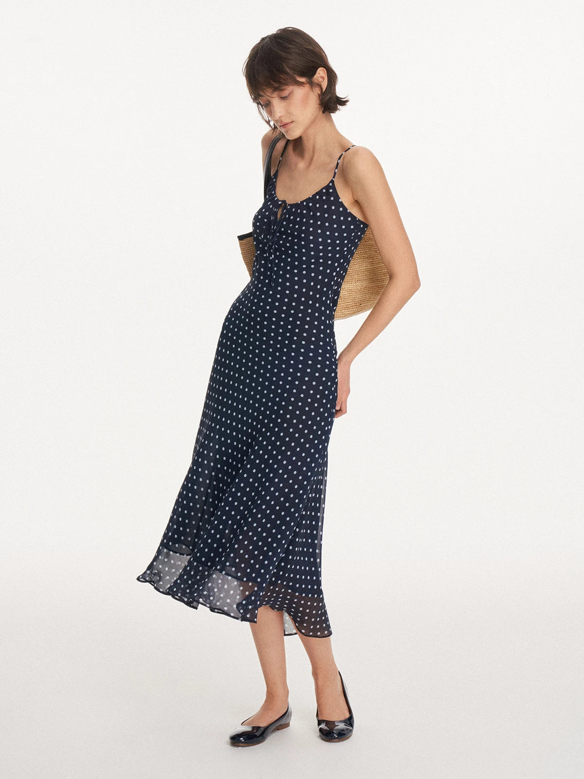 Polka-Dot Drawstring Midi Dress A-Line