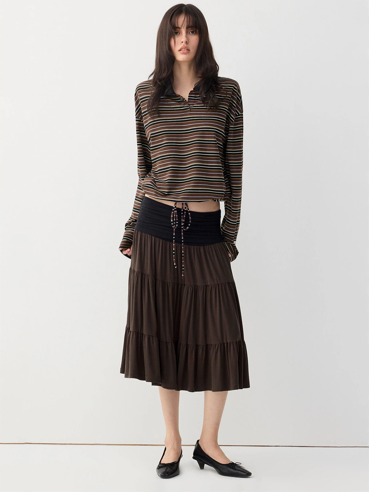 Ruched-Waist Tiered Midi Skirt