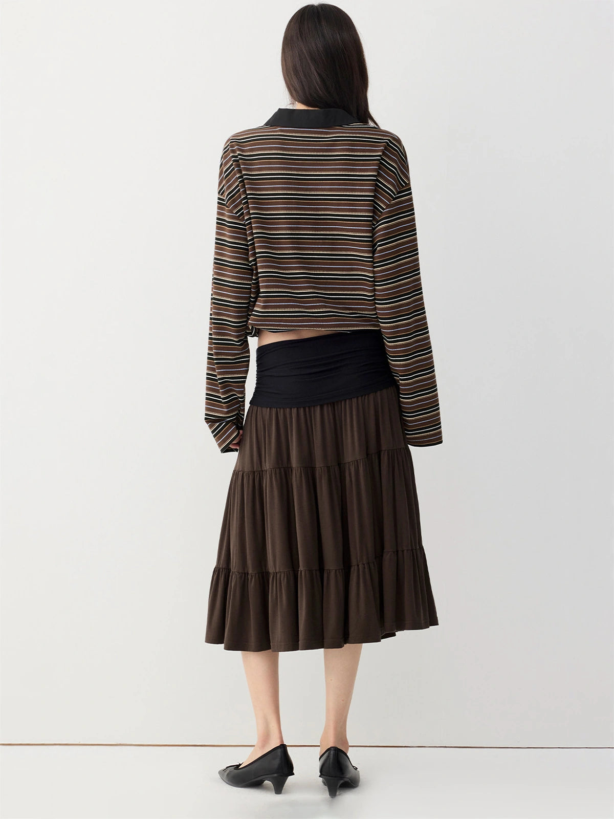 Ruched-Waist Tiered Midi Skirt