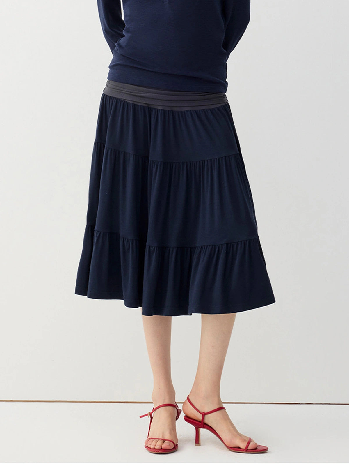 Ruched-Waist Tiered Midi Skirt