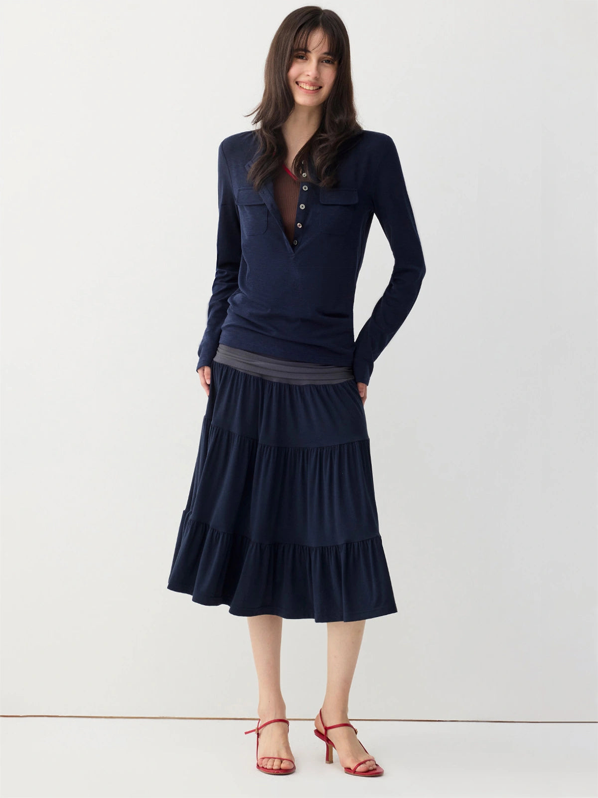 Ruched-Waist Tiered Midi Skirt