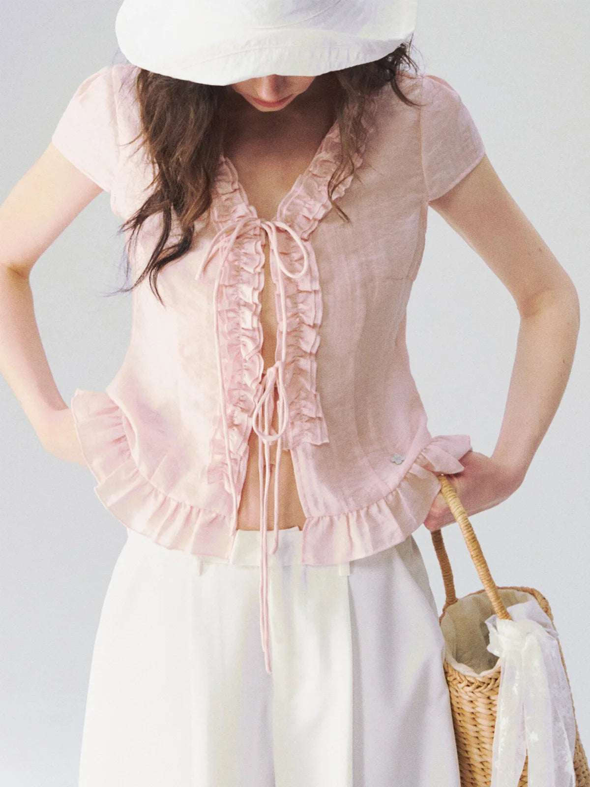 Ruffle-Trim Tie-Front Top in Pink ¡ª view 4