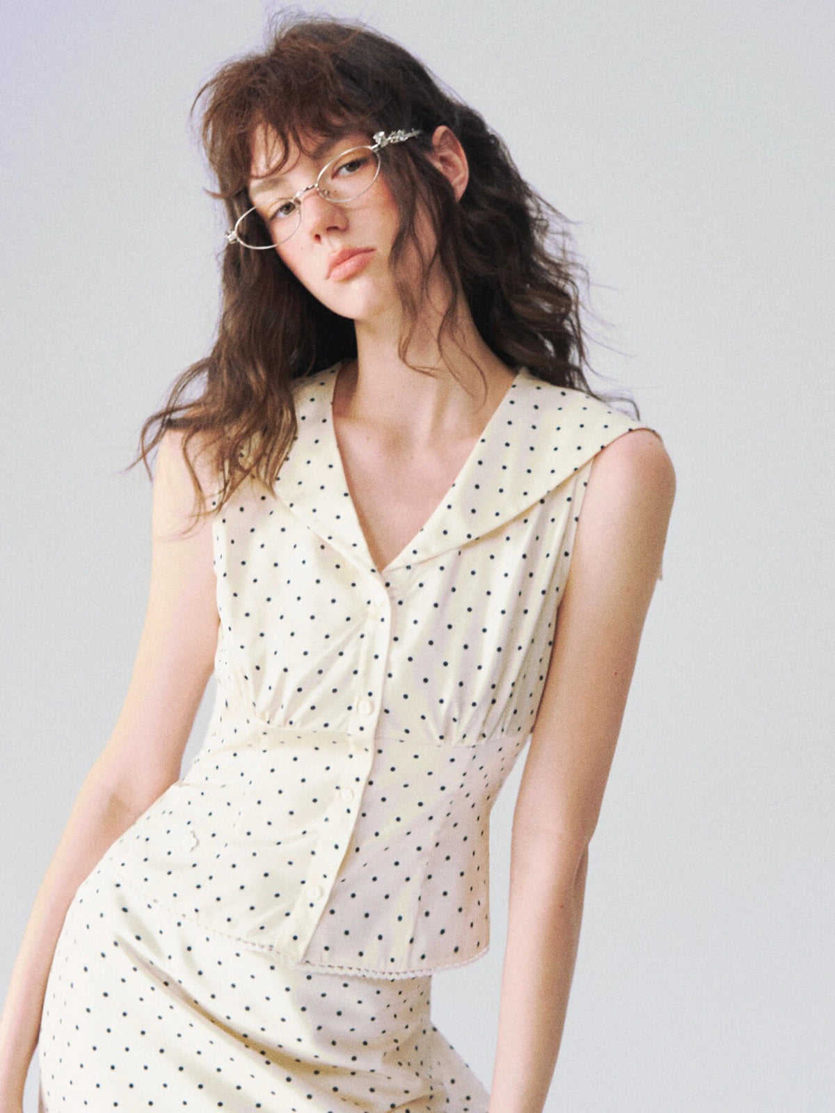 Sleeveless Sailor-Collar Polka Dot Top