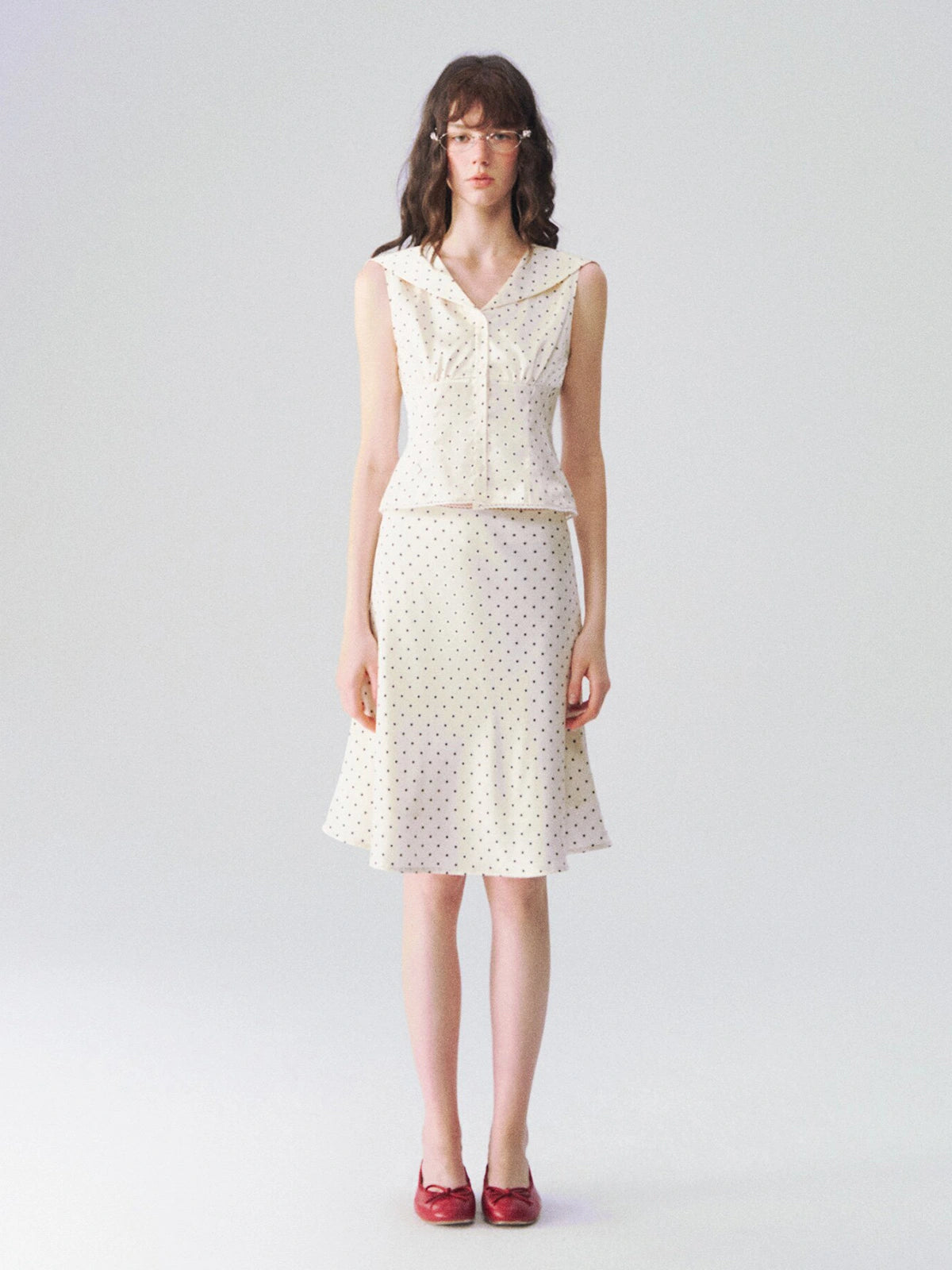Sleeveless Sailor-Collar Polka Dot Top