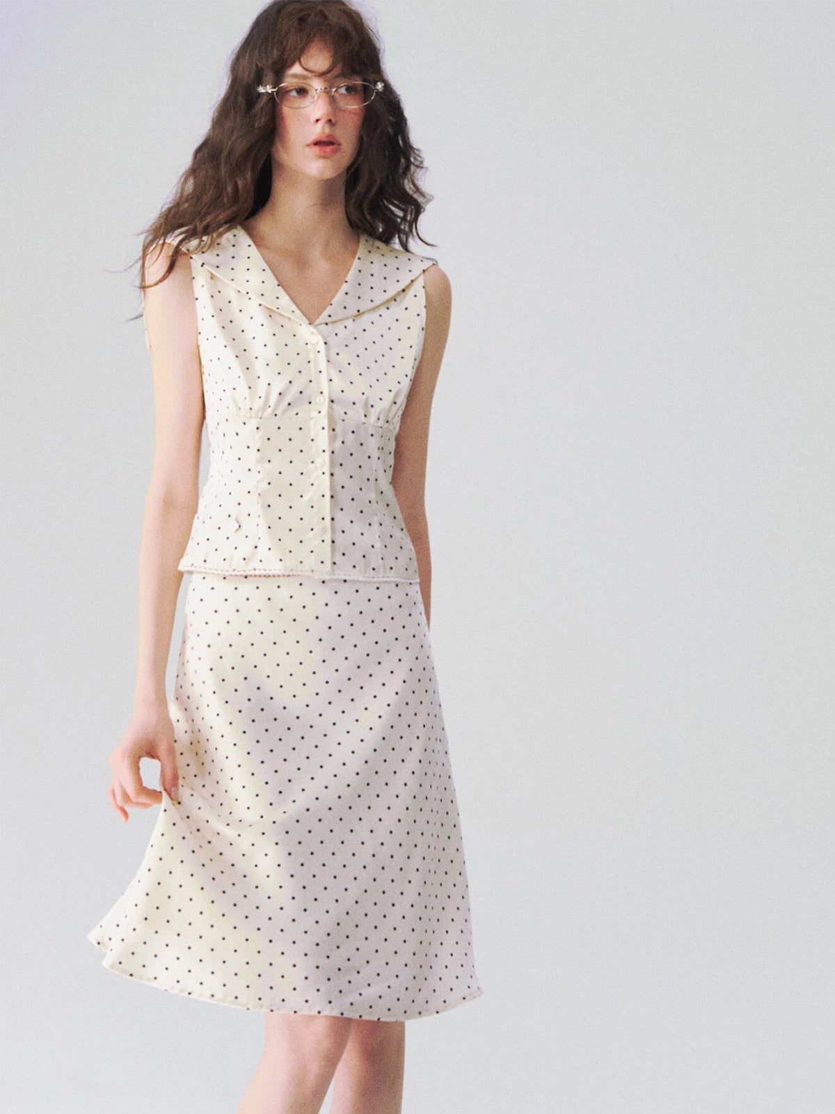 Sleeveless Sailor-Collar Polka Dot Top