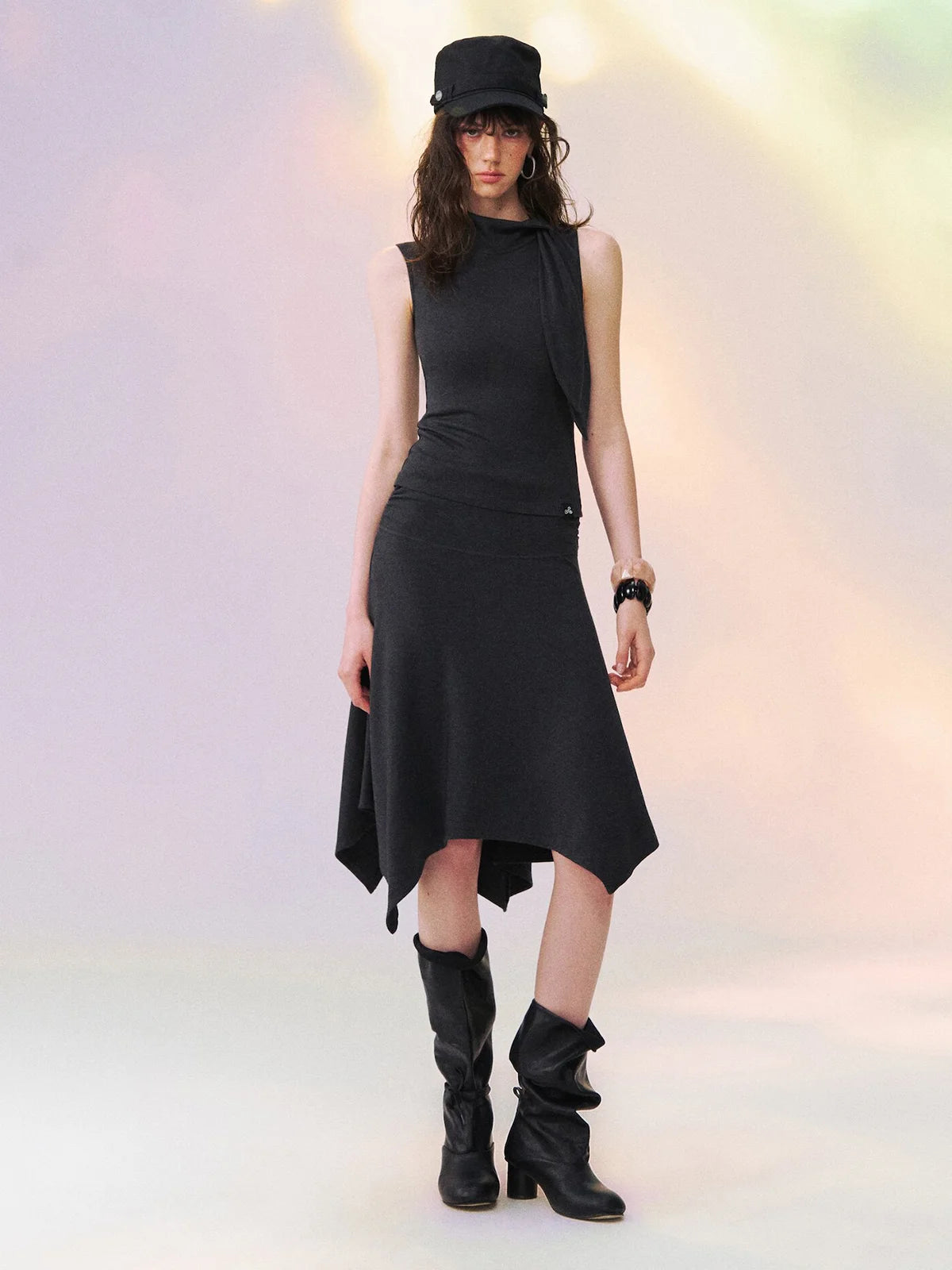 Scarf-Tie Funnel-Neck Top