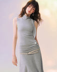 Scarf-Tie Funnel-Neck Top in Gray ¡ª view 4