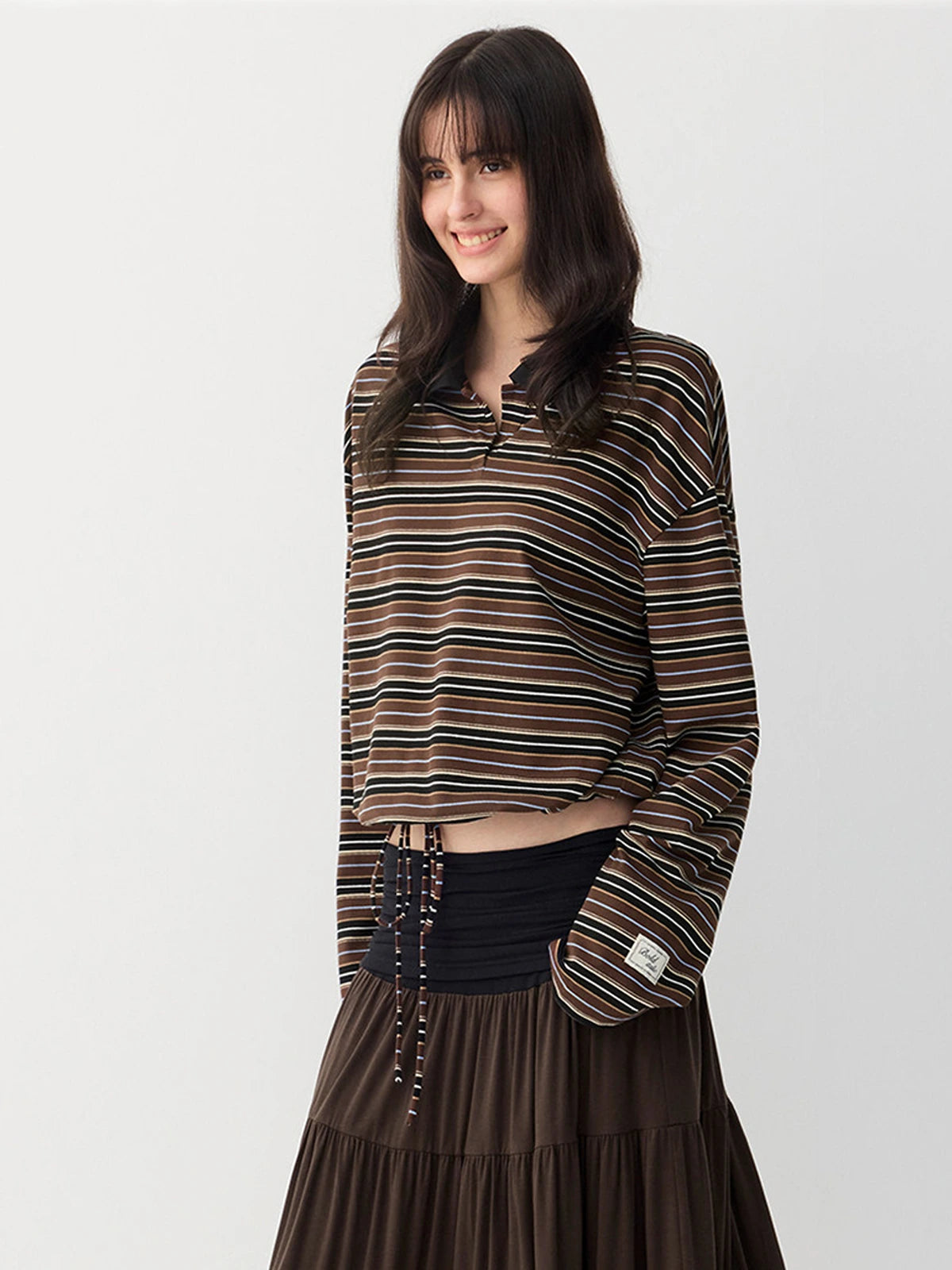 Striped Drawstring-Hem Polo Top