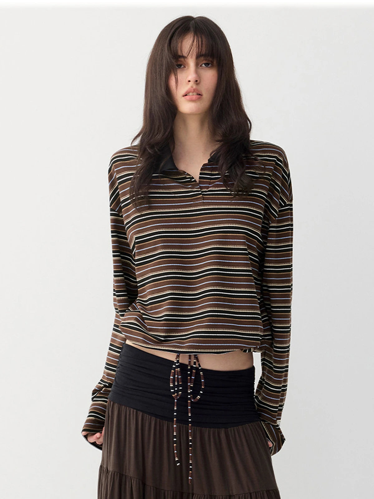 Striped Drawstring-Hem Polo Top in Brown Stripe a?? view 4