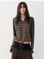 Striped Drawstring-Hem Polo Top in Brown Stripe a?? view 4