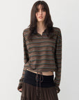 Striped Drawstring-Hem Polo Top in Brown Stripe a?? view 4
