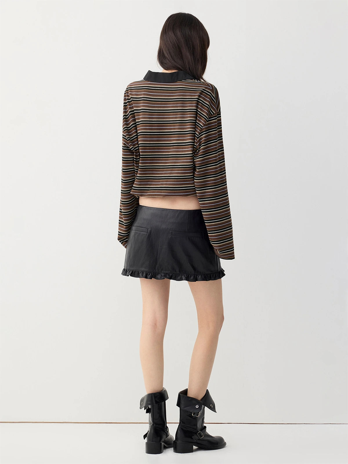 Striped Drawstring-Hem Polo Top