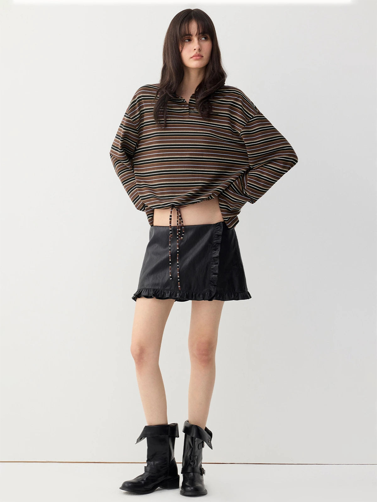 Striped Drawstring-Hem Polo Top