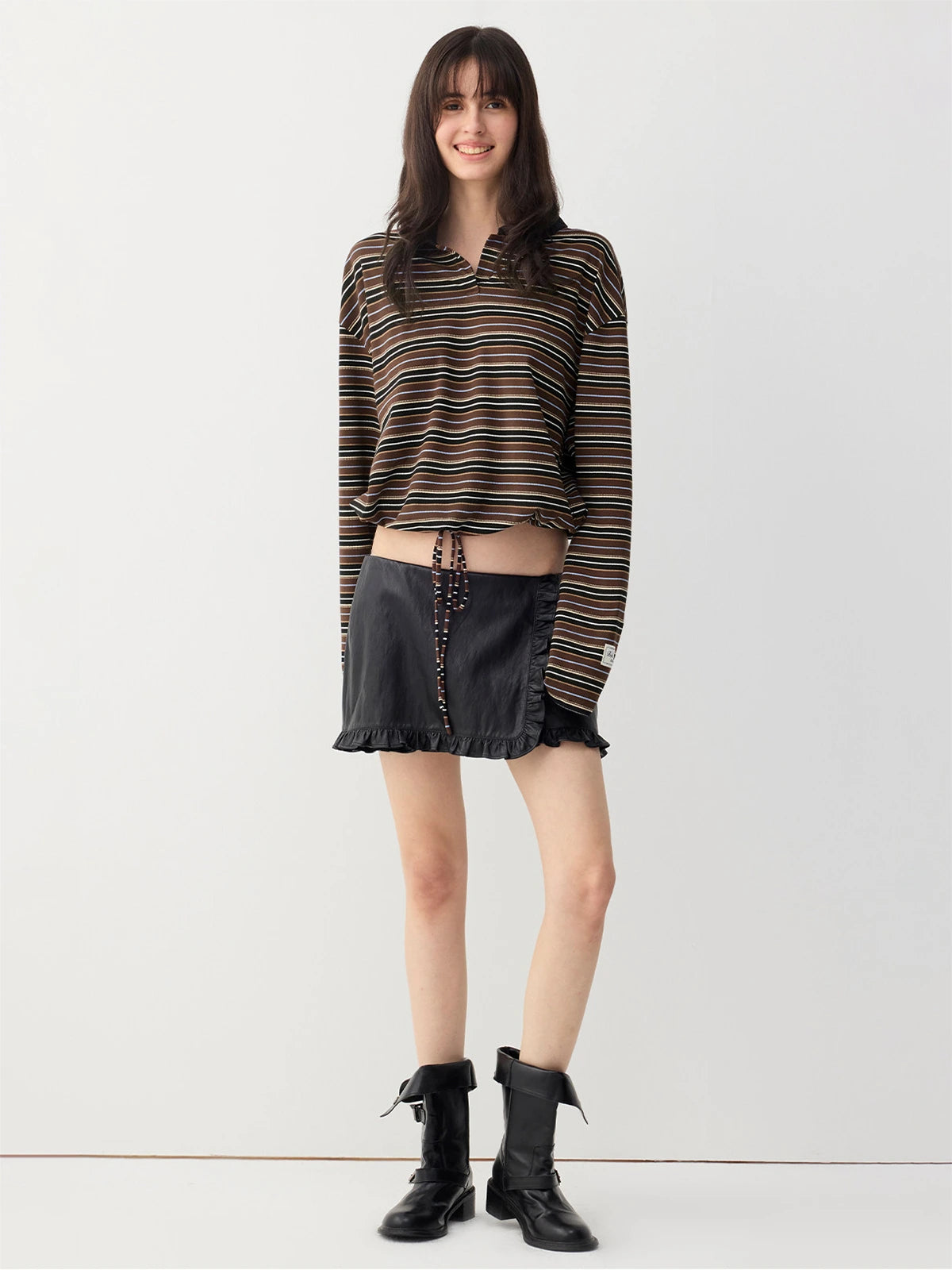 Striped Drawstring-Hem Polo Top