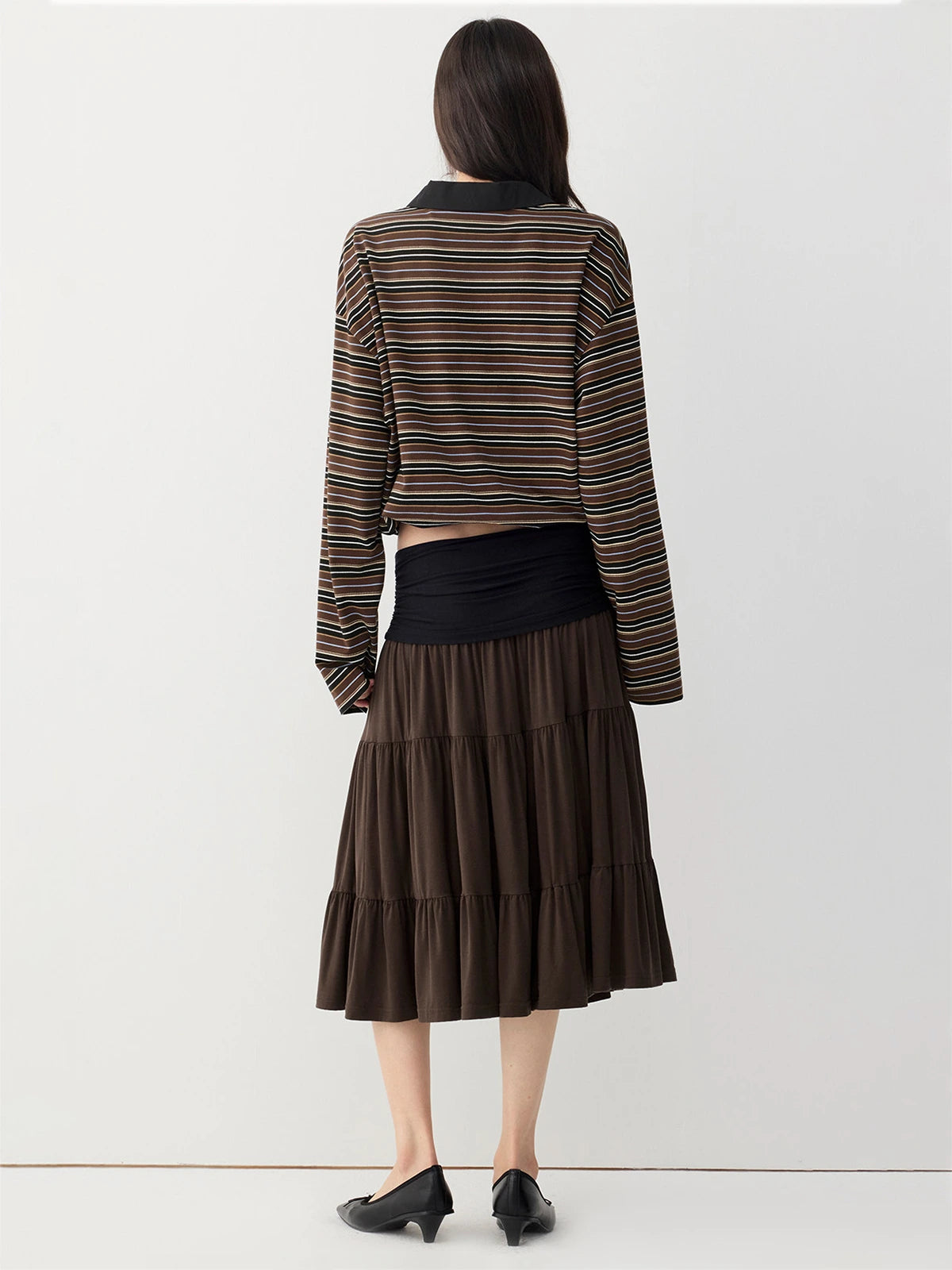Striped Drawstring-Hem Polo Top