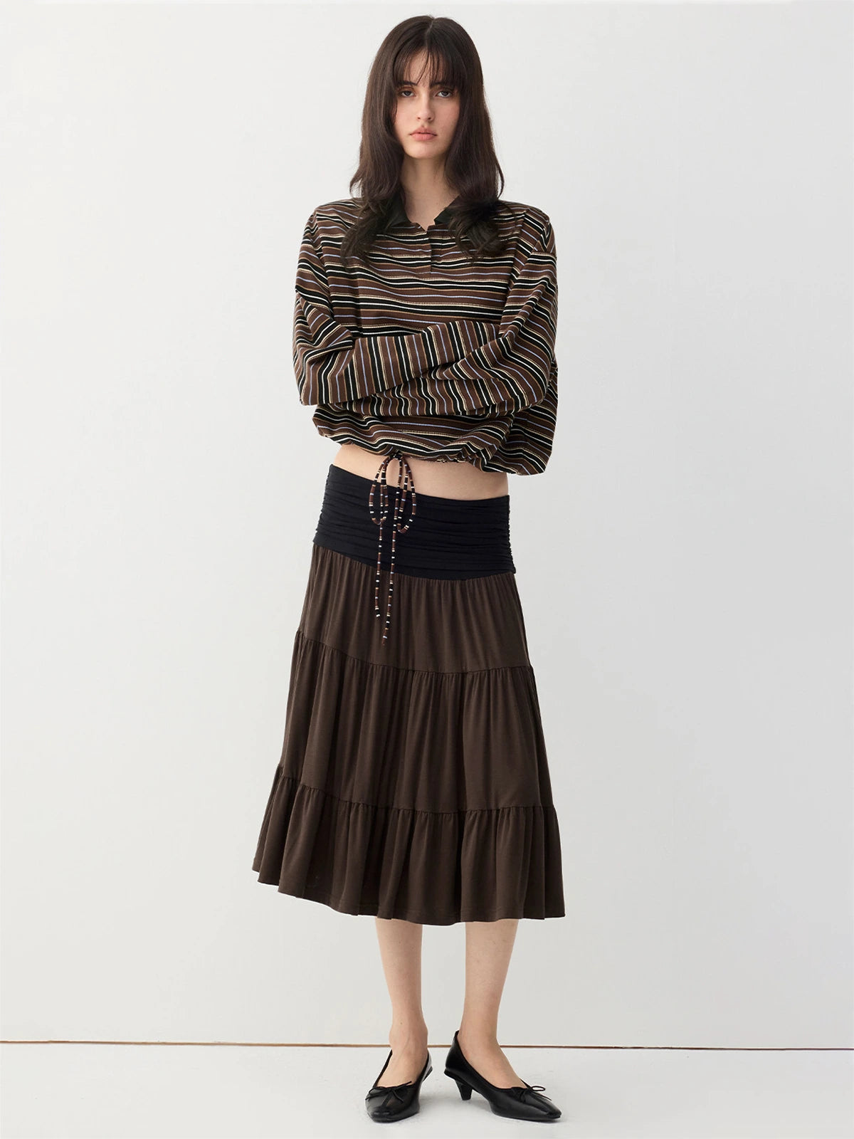Striped Drawstring-Hem Polo Top