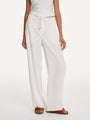 Drawstring trouser, front view showing waist tie and full leg