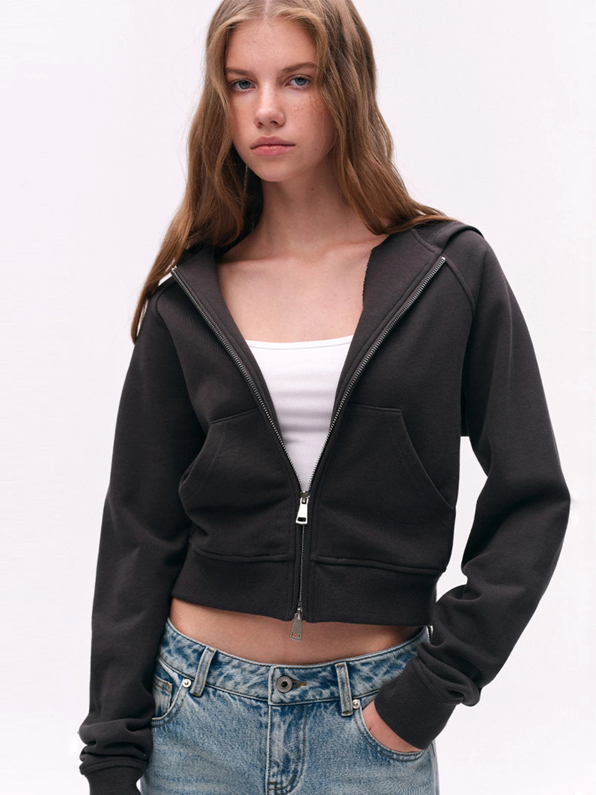 Two-Way Zip Cropped Hoodie