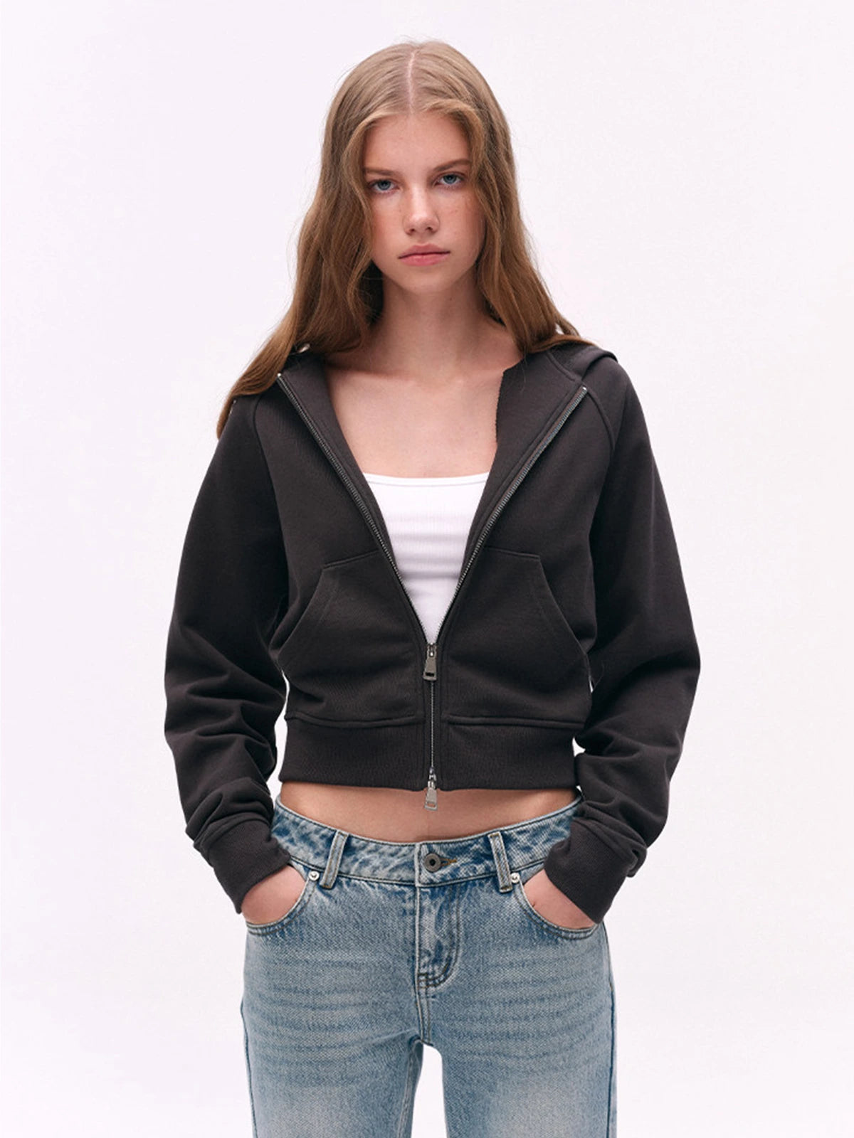 Two-Way Zip Cropped Hoodie