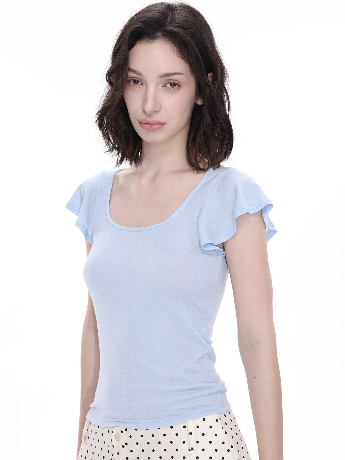 U-Neck Flutter Sleeve Top in Light Blue �� view 4